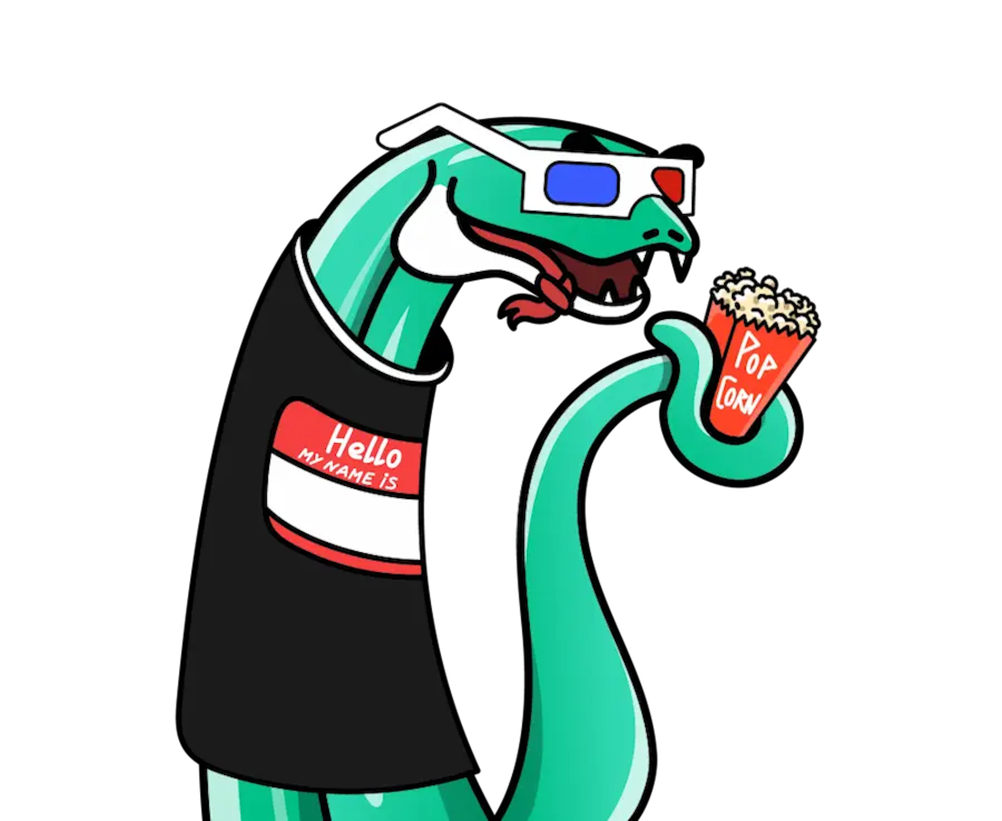Cartoon snake wearing 3D glasses and holding some popcorn
