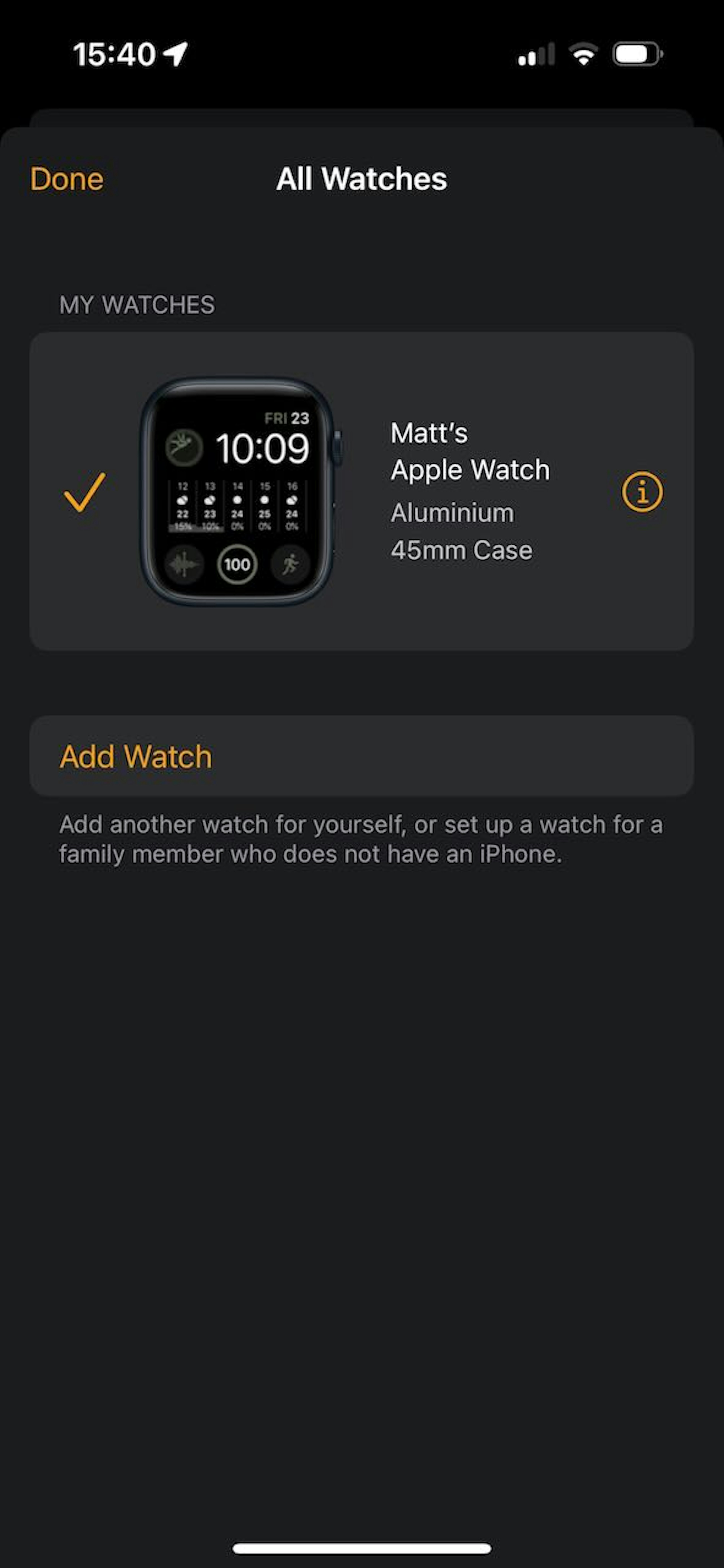 Fig 7: Watch app places "Done" on the left and doesn't use bold text.