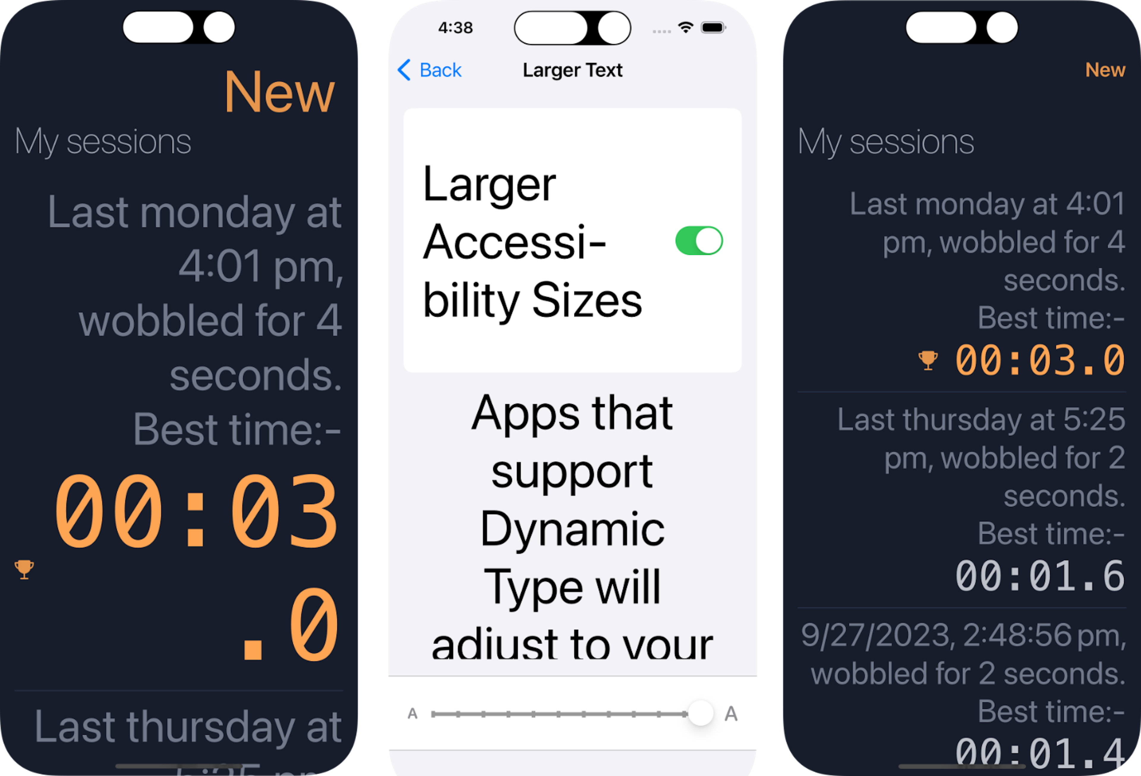 Fig 10: Left shows how my unoptimised app reacted to the largest dynamic font size in iOS. Middle image is from the iOS
settings, note how Apple have capped the max size of the Back button. Right shows my updated app.
